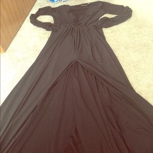 Long black deep v neck high front split dress